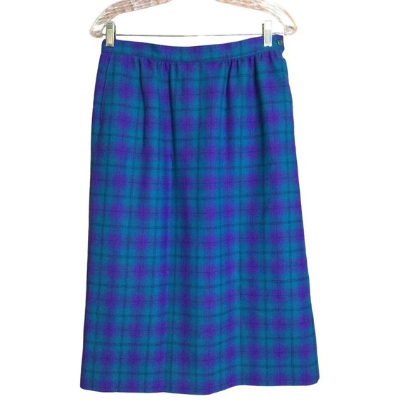 Vintage Pendleton Wool Skirt Sz 10 Plaid Purple Teal Black Pockets - Picture 1 of 6